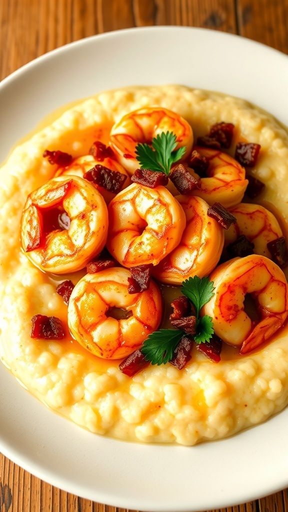 A delicious serving of shrimp and grits with shrimp in sauce over creamy grits, garnished with bacon and parsley.